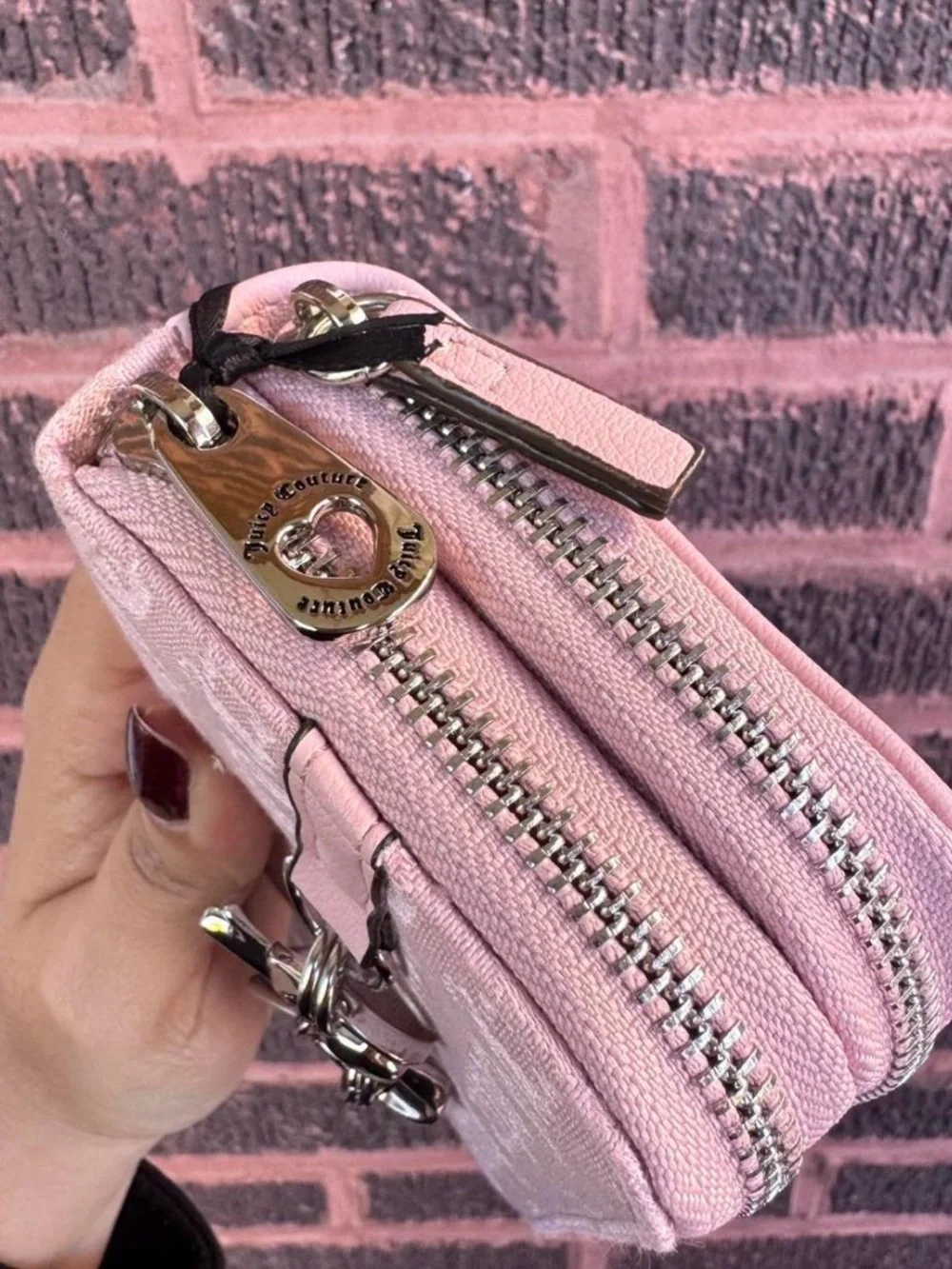 Juicy Couture Light Pink Bow Heart Zip Wallet with Silver Hardware